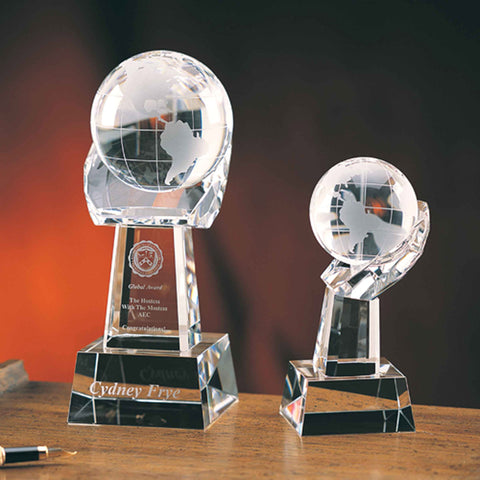 Crystal Spinning Globe In Hand Award Engraved and Personalized