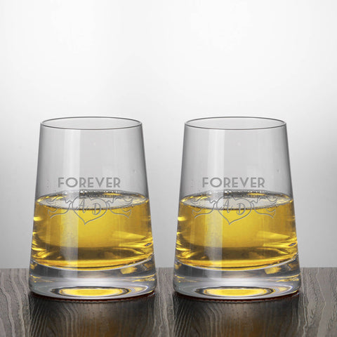 Set of 2 Wedding Forever Stemless White Wine Glasses Engraved and Personalized