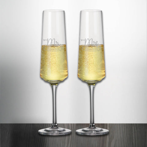 Set of 2 Mr. Mrs. Champagne Flute Toasting Glass Engraved and Personalized