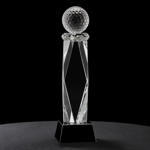 10 3/4"H Crystal Golf Ball on Facet Column w/Black Base –Personalized Engraving