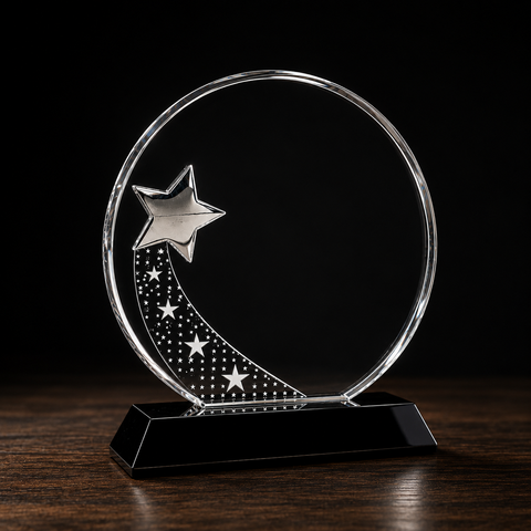 Crystal Celaeno Star Award with Silver Star on Black Pedestal Base – Personalized Engraving