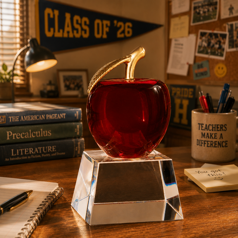 Glass Rubyfrost Apple with Clear Base 6"H Custom Engraved and Personalized