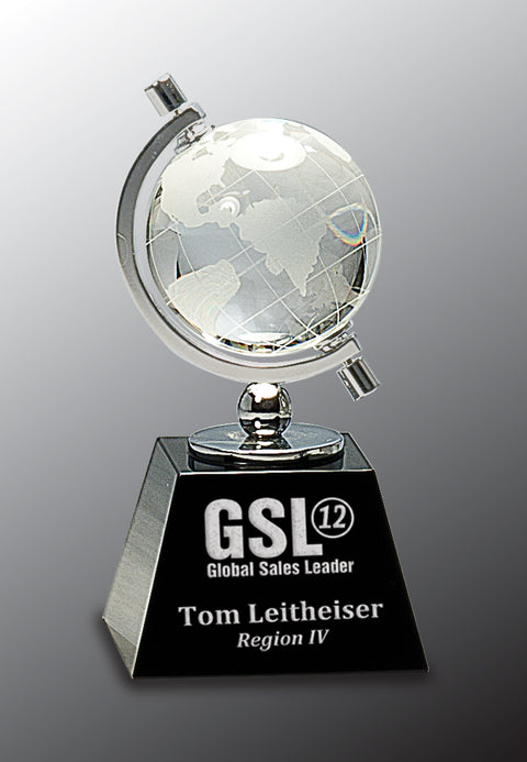 6"H Crystal Spinning Globe on Black Base Engraved and Personalized
