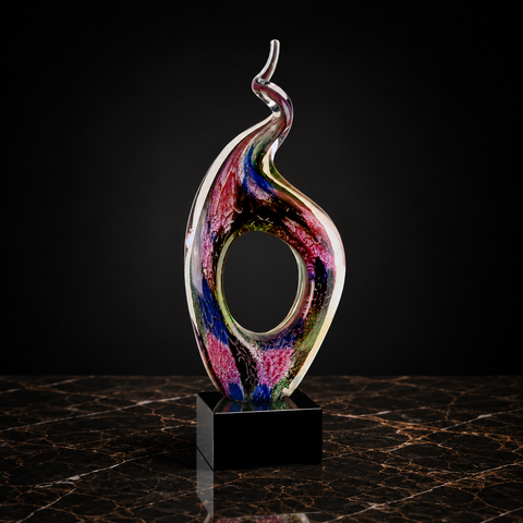 8 1/2"H Blue Wave Art Glass with Square Black Base Custom Engraved and Personalized