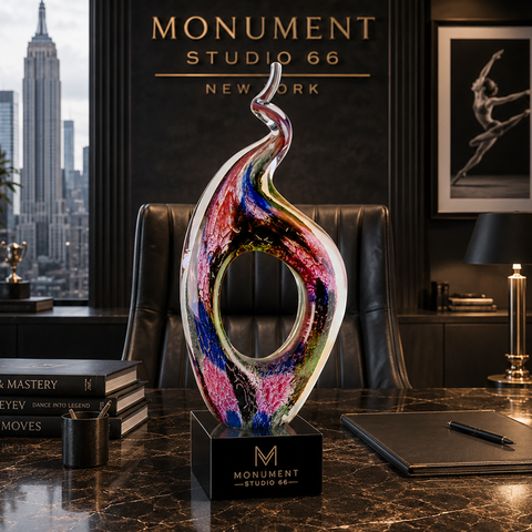 13 1/2"H Twist Top Art Glass Award with Square Black Base Custom Engraved and Personalized