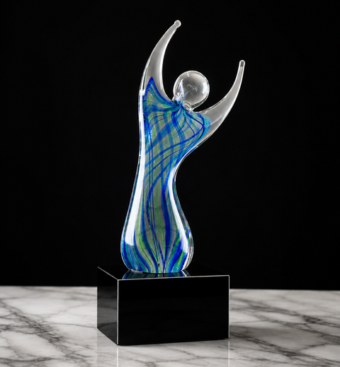 9"H Raised Arms Art Glass Award with Square Black Base Custom Engraved and Personalized