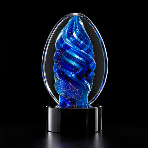6"H Blue Oval Swirl Art Glass Art Glass Award with Black Crystal Base – Personalized Engraving