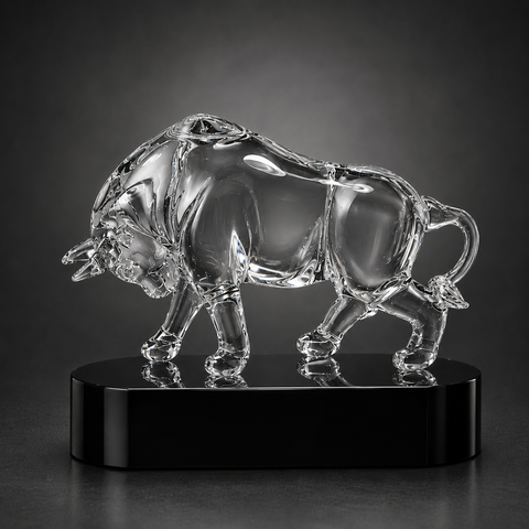 7 1/2"H Clear Art Glass Bull Award with Black Crystal Base – Personalized Engraving