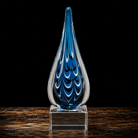 10"H Blue and Black Teardrop Art Glass on Clear Glass Base– Personalized Engraving