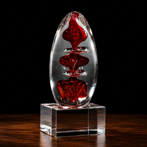 5 1/4"H Red Egg Shaped Art Glass on Clear Glass Base– Personalized Engraving