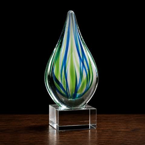 8"H Blue and Green Teardrop Art Glass on Clear Glass Base– Personalized Engraving