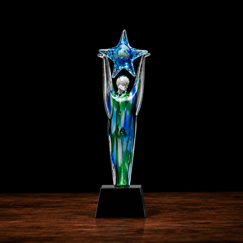 11 1/2"H Star Achiever Art Glass on Black Glass Base– Personalized Engraving