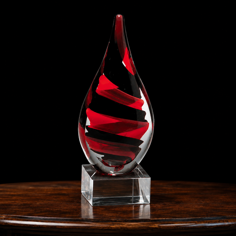 8"H Black and Red Helix Teardrop on Clear Glass Base– Personalized Engraving