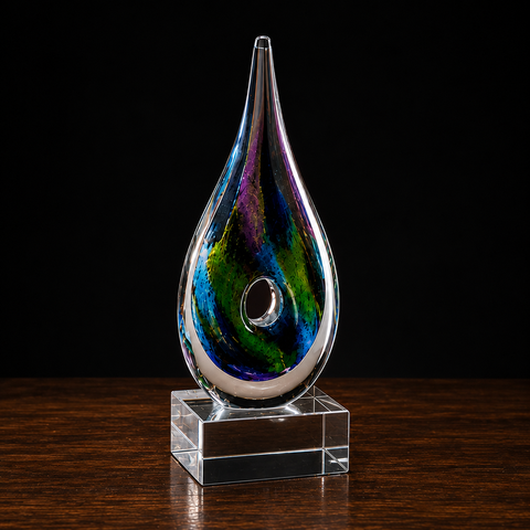 9 7/8"H Multi-Colored Teardrop Art Glass on Clear Glass Base – Personalized Engraving