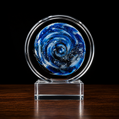 7"H Blue and White Disc Art Glass Award – Personalized Engraving