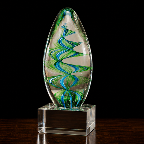 6 1/2"H Blue and Green Helix Egg Shaped Art Glass Award– Personalized Engraving