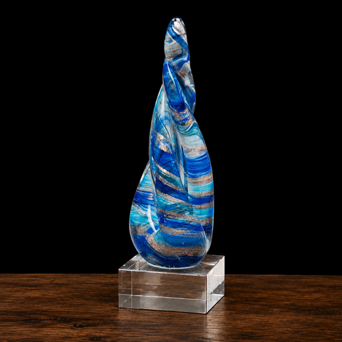 8 3/4"H Twist Blue & Teal Art Glass w/Gold Metallic Accent – Personalized Engraving