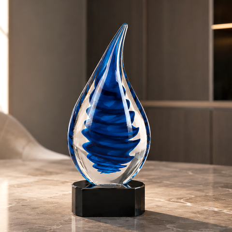 10 1/4"H Blue Twist Raindrop Art Glass Award with Black Crystal Base – Personalized Engraving