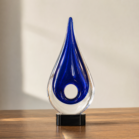 11 1/4"H Blue Round Window Raindrop Art Glass Award with Black Crystal Base – Personalized Engraving