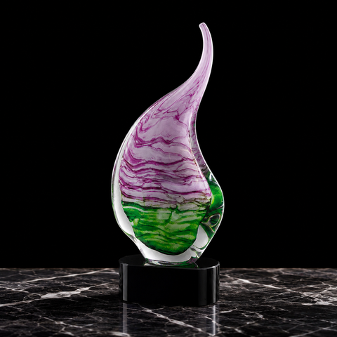 15 1/2"H Pink/Green Art Glass Award with Black Crystal Base – Personalized Engraving