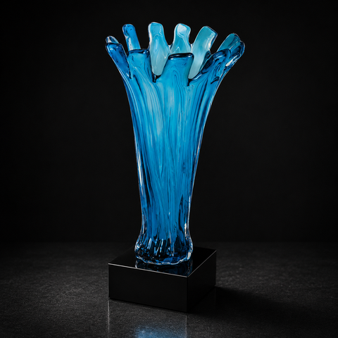 12 1/2"H  Blue Cup Art Glass Award with Black Crystal Base – Personalized Engraving