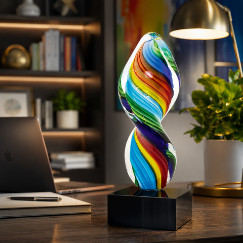10 1/2"H Rainbow Twist Art Glass with Black Crystal Base – Personalized Engraving