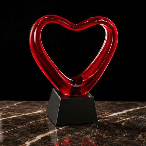 6 1/2"H Red Heart Art Glass Award with Black Base Custom Engraved and Personalized