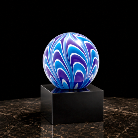 5"H Two-Tone Blue & White Sphere with Black Crystal Base – Personalized Engraving