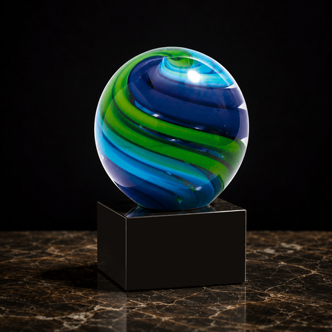 5"H Two-Tone Blue & Green Sphere with Black Crystal Base – Personalized Engraving