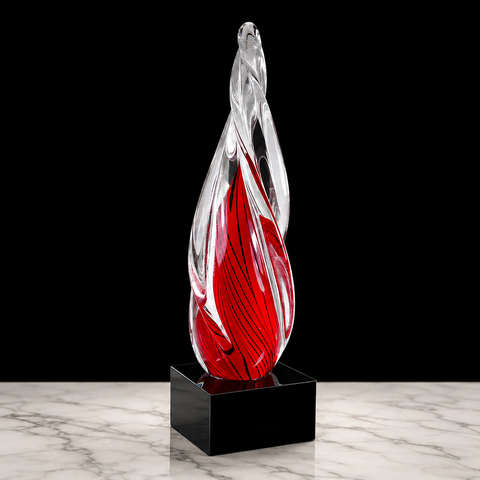 12"H Red Twisted Spire Art Glass with Black Crystal Base – Personalized Engraving