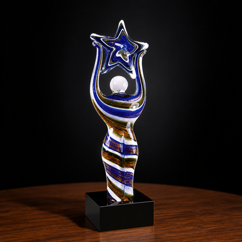 12"H Art Glass Figure with Star with Black Crystal Base – Personalized Engraving