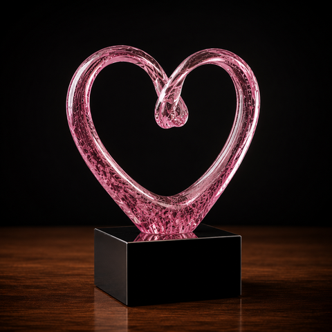 9"H Pink Glass Heart with Black Crystal Base Custom Engraved and Personalized