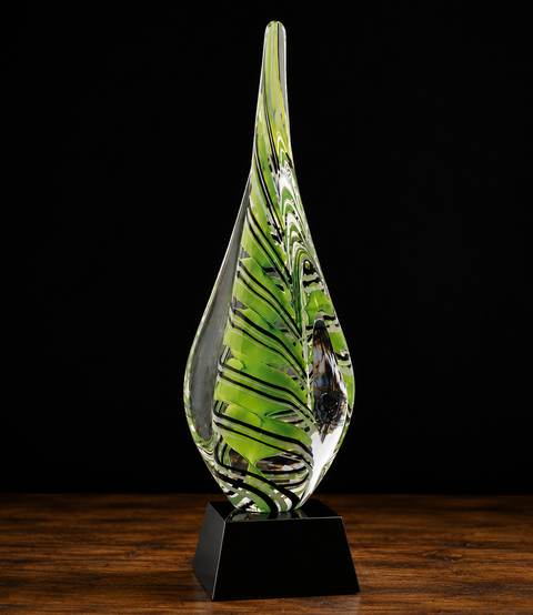 17 1/2"H Green/White/Black Spire Art Glass with Black Crystal Base – Personalized Engraving