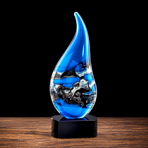 Blue Curved Raindrop Art Glass Award with Black Crystal Base – Personalized Engraving