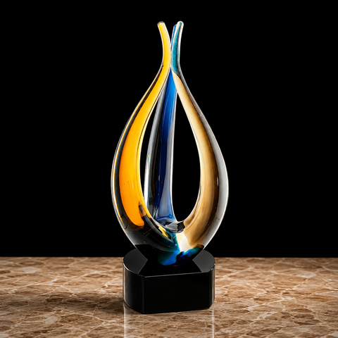 Tri Rise Art Glass Award with Black Crystal Base 11 1/2"H – Personalized Engraving