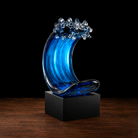 8 1/2"H Blue Wave Art Glass with Square Black Base Custom Engraved and Personalized