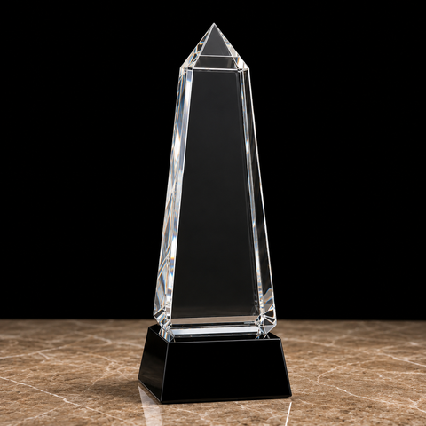 Crystal Obelisk on Black Pedestal Base Engraved and Personalized
