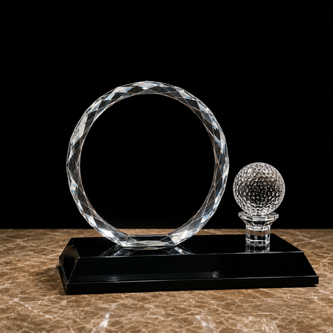Round Facet Crystal with Golf Ball on Black Pedestal Base –Personalized Engraving