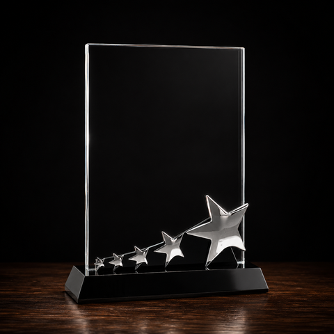 Crystal Electra Star Award with Silver Stars on Black Pedestal Base– Personalized Engraving