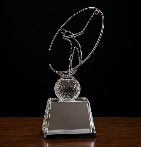 Crystal Golf Award with Silver Metal Oval Figure Custom Engraved and Personalized