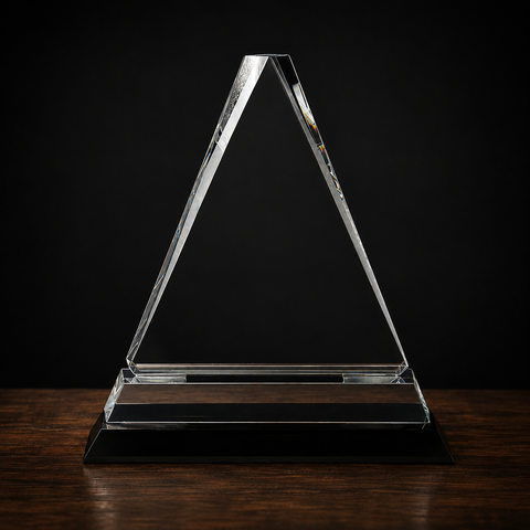 7 3/4"H Crystal Triangle on Black Crystal Pedestal Base – Personalized Engraving