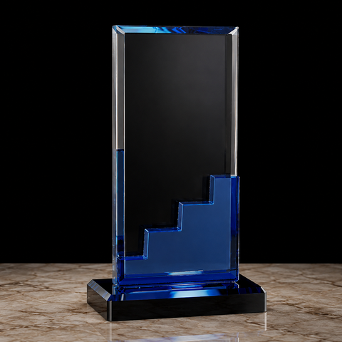 Crystal Blue Staircase Award with Blue Mirror Base Engraved and Personalized
