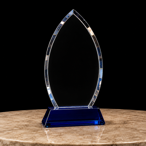 Crystal 10"H Oval Award on Blue Pedestal Base Engraved and Personalized