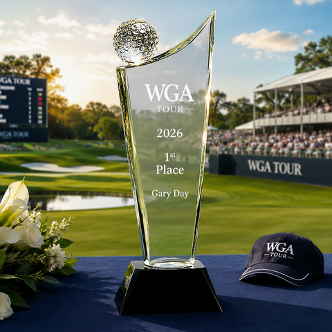 Crystal Golf Wave on Black Pedestal Base Custom Engraved and Personalized