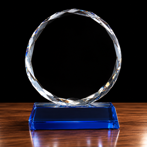 Round Facet Crystal Award on Blue Pedestal Base Engraved and Personalized