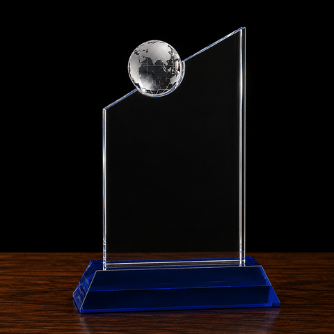 Crystal Award with Inset Globe and Blue Base Engraved and Personalized