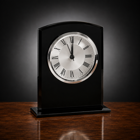 6 1/4"H Black Glass Arch Clock with Base Engraved and Personalized