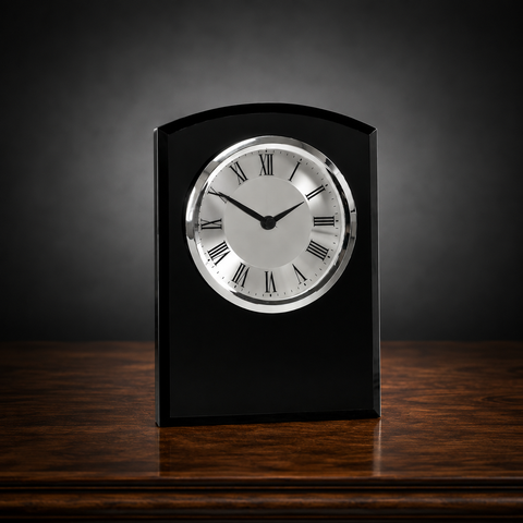 6"H Black Glass Arch Clock Engraved and Personalized