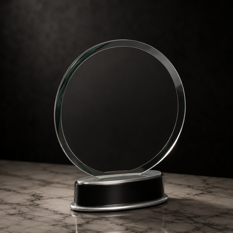 Round Glass Award with Black Piano Finish Base Engraved and Personalized