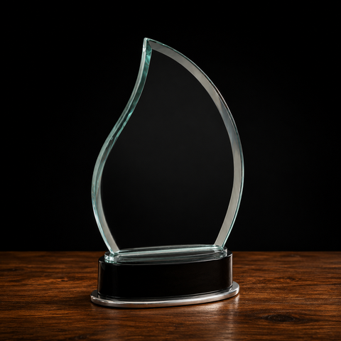 Glass Flame Award with Black Piano Finish Base Engraved and Personalized